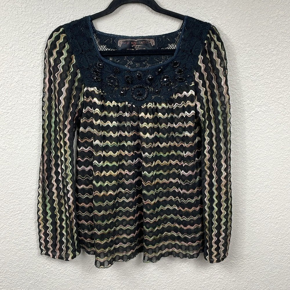 New Romantics Free People Chevron Knit Crochet Lace Beaded Blouse Loose Sz XS